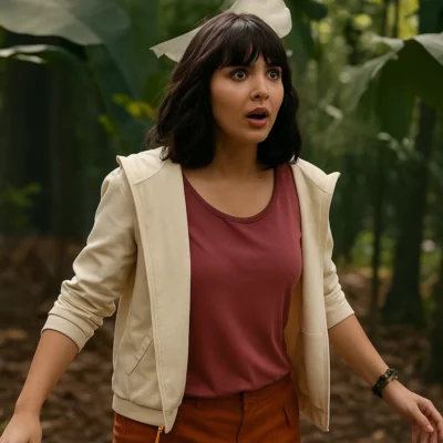 Woman wearing a beige hoodie and maroon top outdoors, looking surprised in a movie-style scene.